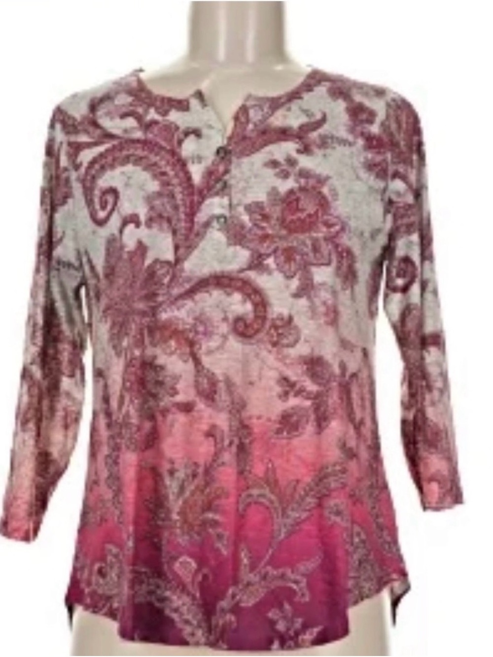 One World Linen BOHO Paisley Henley Ombré Knit Shirt Top‎ Blouse Sz  M NWOT